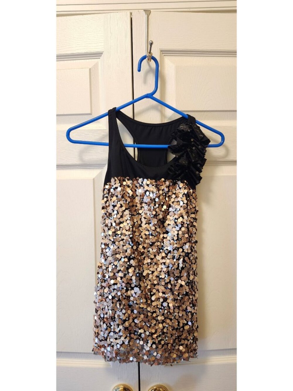 Women Costume Gallery Black Gold paillette Sequin Tunic Dance Dress Size MA 8/10